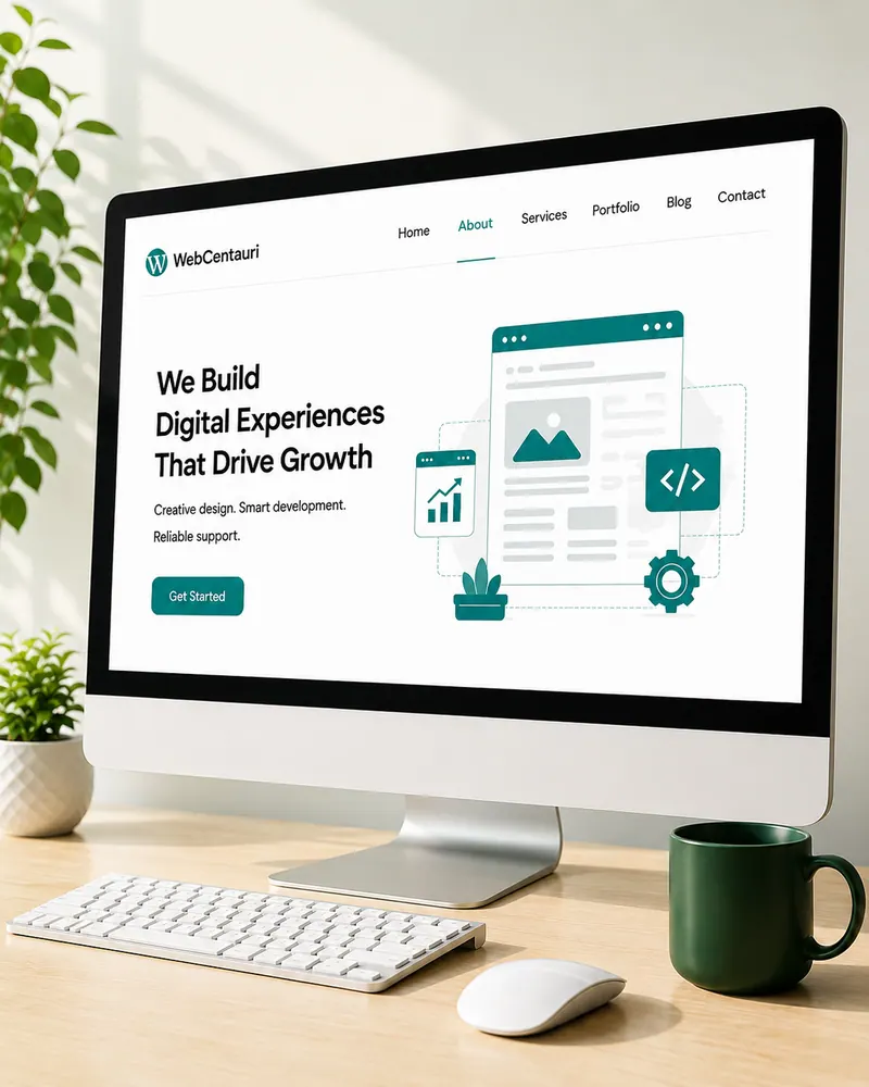 Business website on a desktop monitor showing growth-focused content