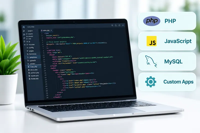 Laptop showing custom PHP, JavaScript and MySQL code for a bespoke web application