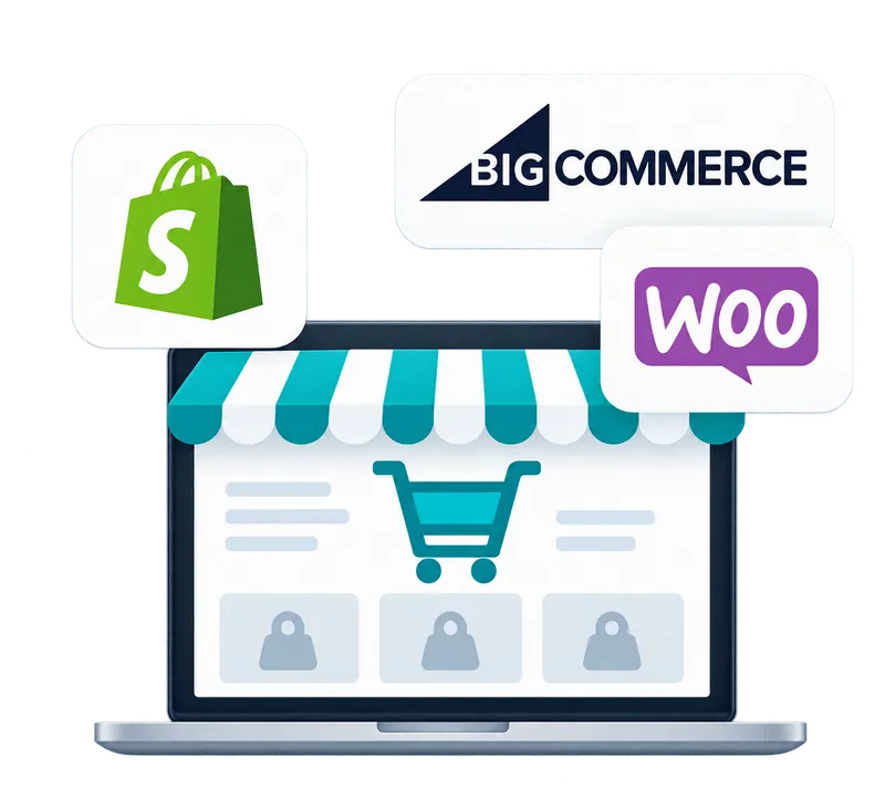 Online storefront on a laptop with Shopify, BigCommerce and WooCommerce logos