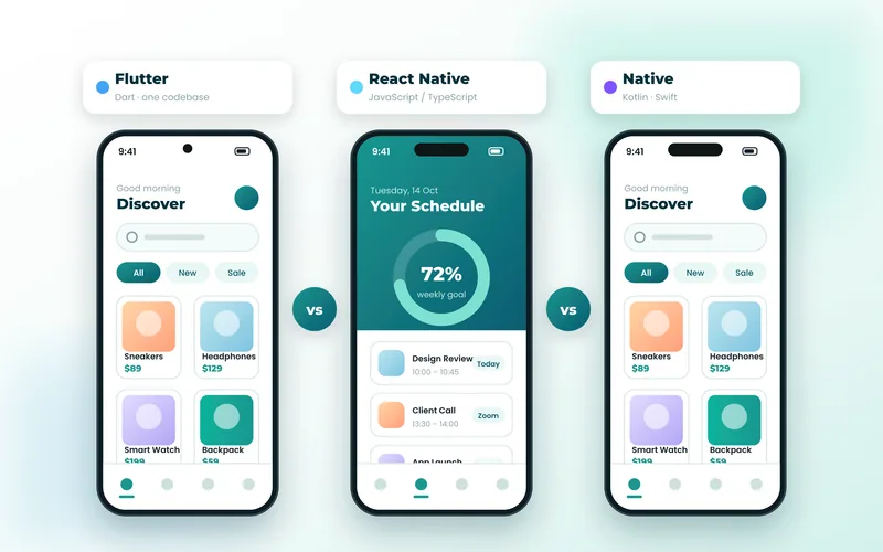 Three phones comparing Flutter, React Native and native Kotlin/Swift mobile apps