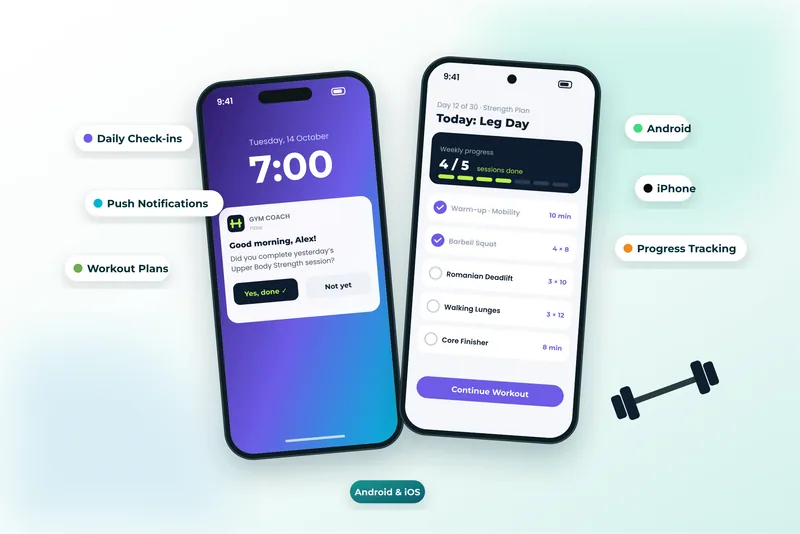 Gym training app on iPhone and Android: a morning check-in notification asking about yesterday’s session and today’s scheduled workout plan