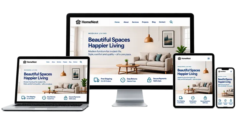 HomeNest furniture website shown on desktop monitor, laptop, tablet and smartphone