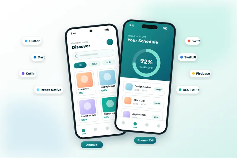 Android and iPhone app screens with Flutter, Dart, Kotlin, Swift, React Native and Firebase technology labels