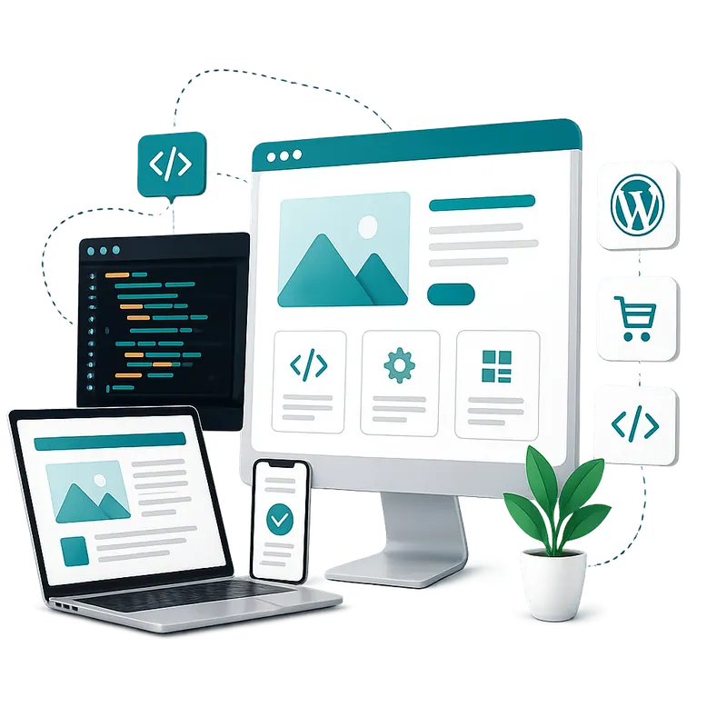 Responsive website design displayed on a desktop monitor, laptop and smartphone