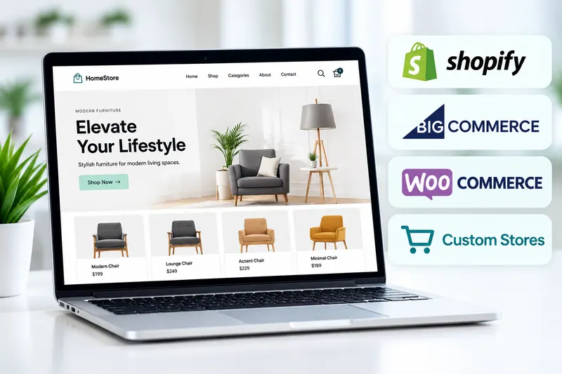 Online furniture store on a laptop with Shopify, BigCommerce and WooCommerce platform badges