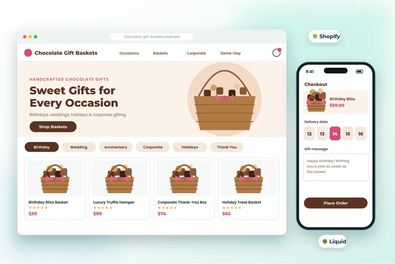Shopify chocolate gift basket store with occasion collections on desktop and a gift checkout with delivery date and message on mobile