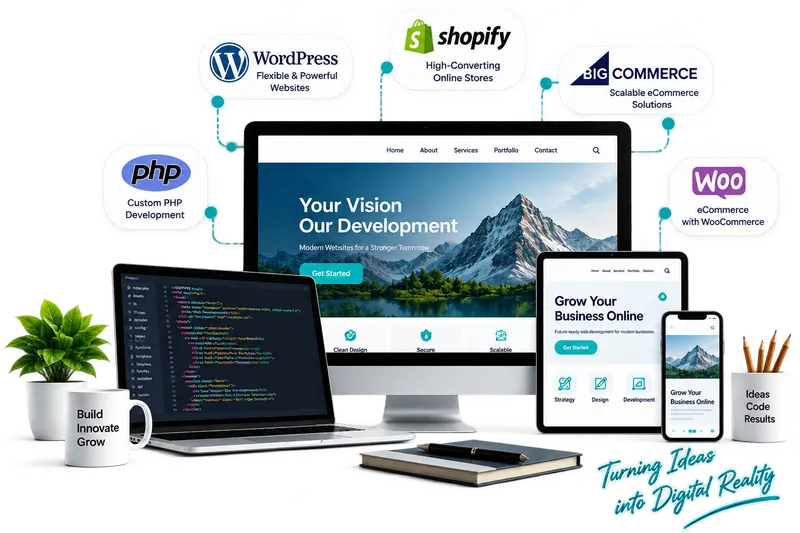 Websites on desktop, laptop, tablet and phone connected to WordPress, Shopify, BigCommerce, WooCommerce and PHP