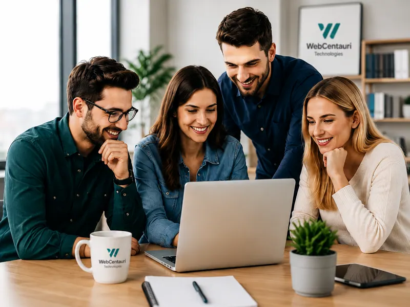 WebCentauri team members planning a website together around a laptop