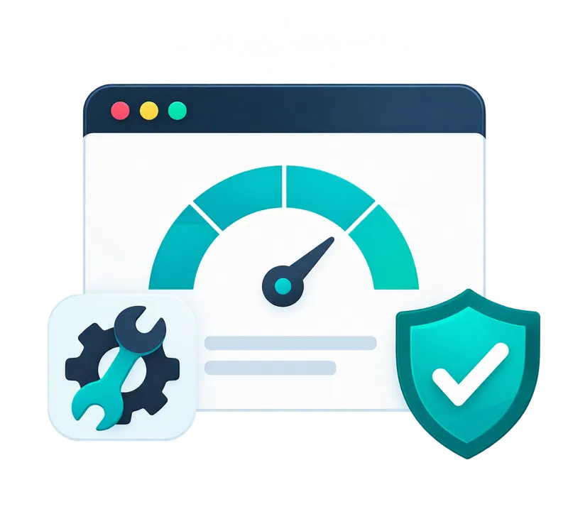 Website speed gauge and optimisation tools representing faster page load times