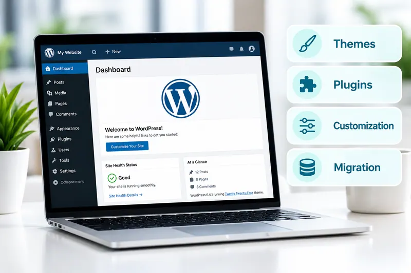 WordPress dashboard on a laptop with theme, plugin, customization and migration options